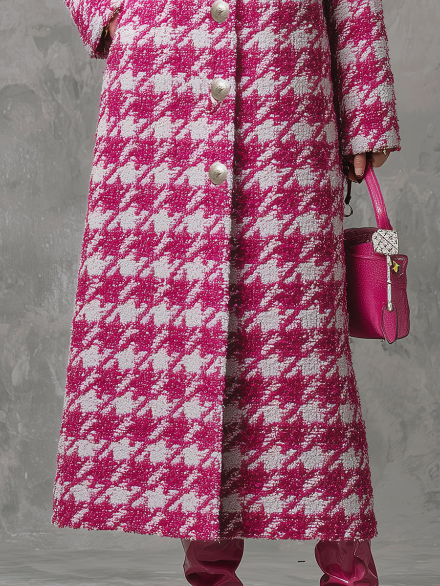 Veste Vintage Longue en Vichy Rose à Revers Ample