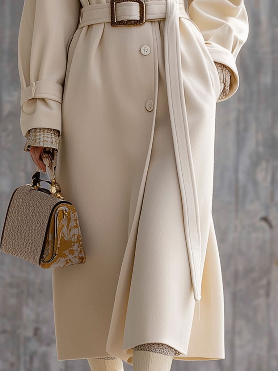 Long Écru en Laine avec Revers - Élégance Classique