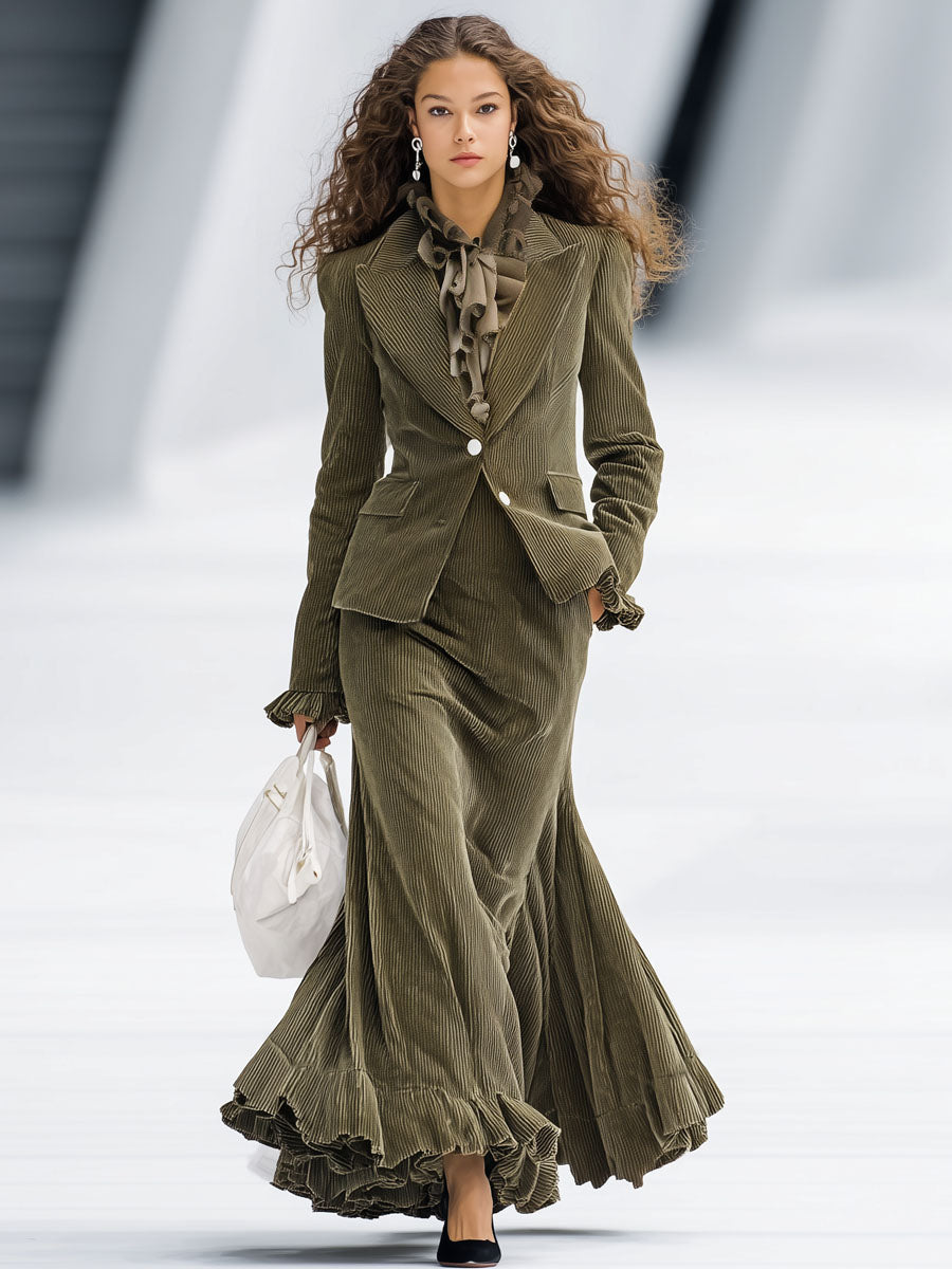 Blazer Élégant à Revers et Manches Volantes avec Jupe Assortie