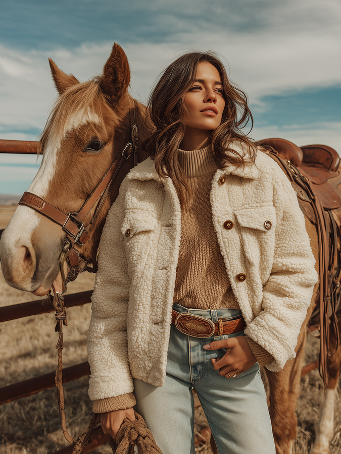 Veste courte en sherpa rétro avec col western