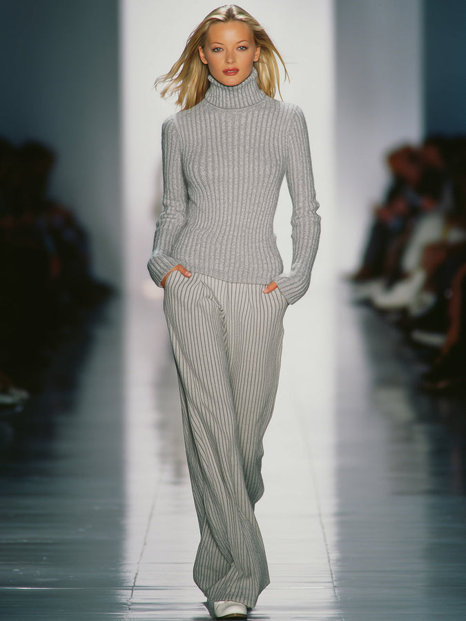 Ensemble Chic en Tricot avec Turtleneck Gris Clair et Pantalon Élégant