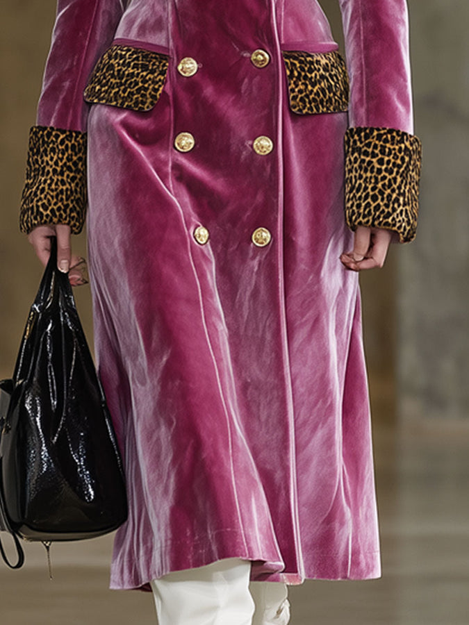 Long Velvet Rose Red Coat with Vintage Brown Leopard Print