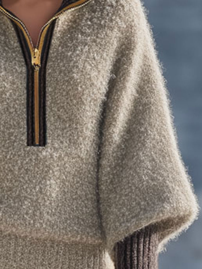 Vintage Kaki Mohair Zip-Up Sweater