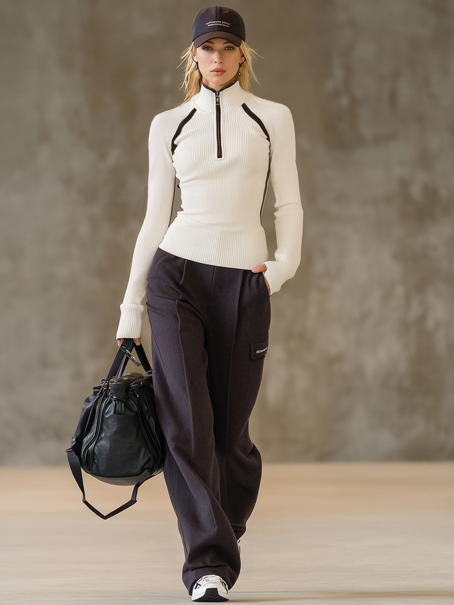 Ensemble Chic : Haut Zippé à Col Montant Ajusté et Pantalons à Jambes Larges