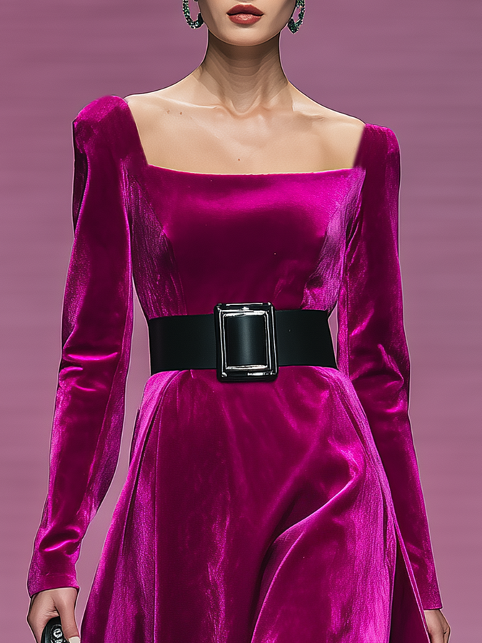 Robe Velours Chic et Sensuelle avec Encolure Carrée et Manches Longues
