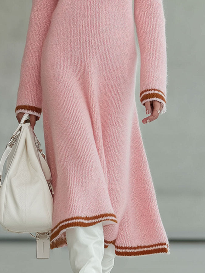 Robe Midi A-Ligne Tricotée Rose au Bord Brun Vintage