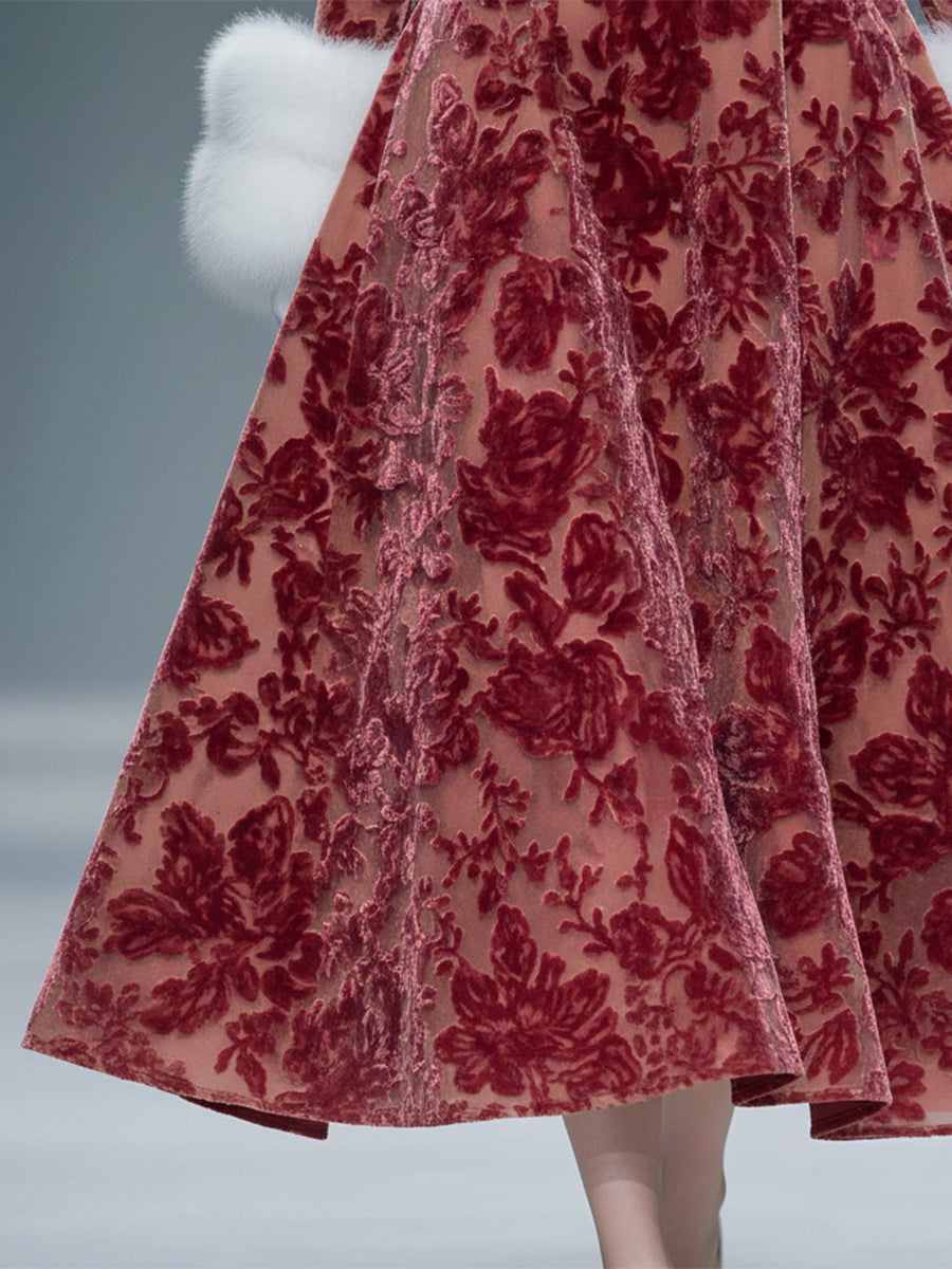 Robe Midi en Velours Dévoré Rose avec Col Carré en Fourrure Luxueuse