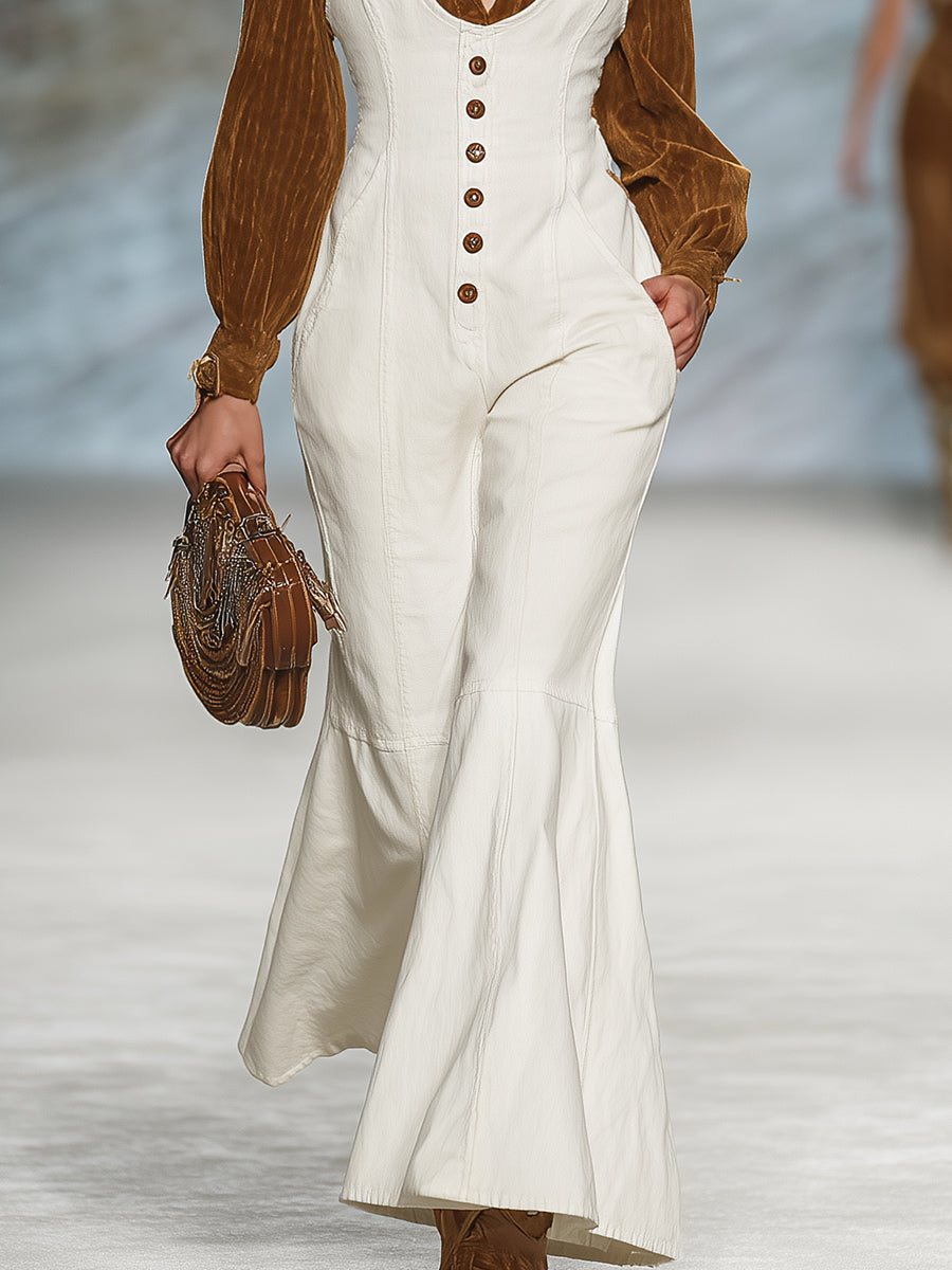Salopette Blanche au Style Western avec Boutons Vintage