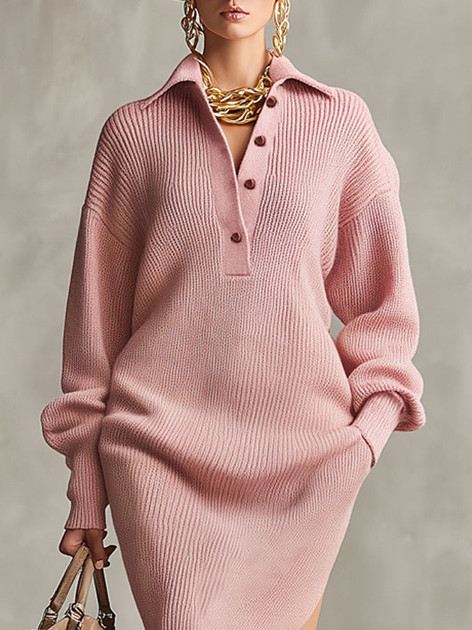 Robe Midi Tricotée avec Col Revers, Ouverture Mi-ouverte, Fente Latérale et Poches Doubles