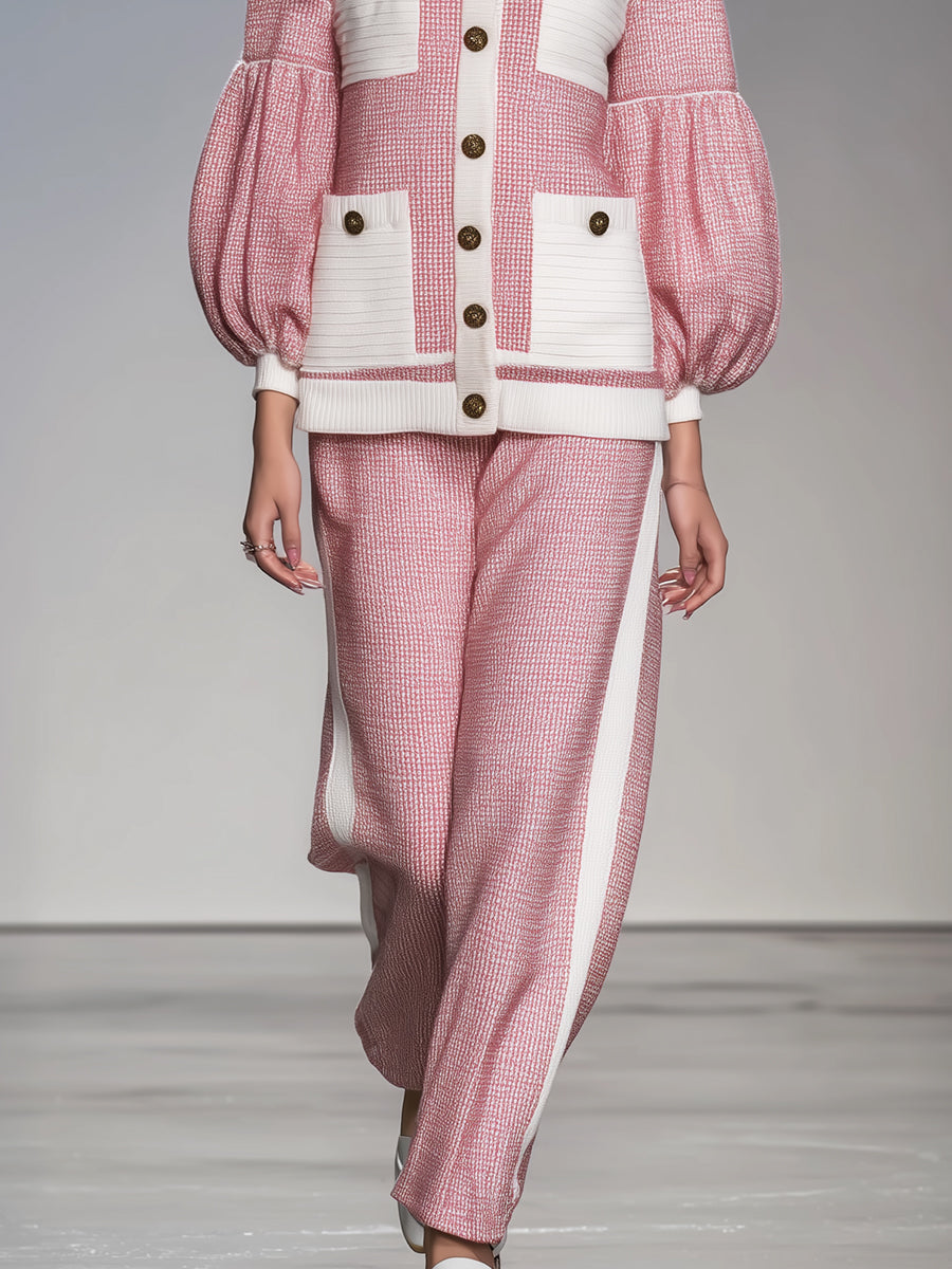 Ensemble Élégant : Pantalons Amples avec Manches Bouffantes Blanches et Poches Roses