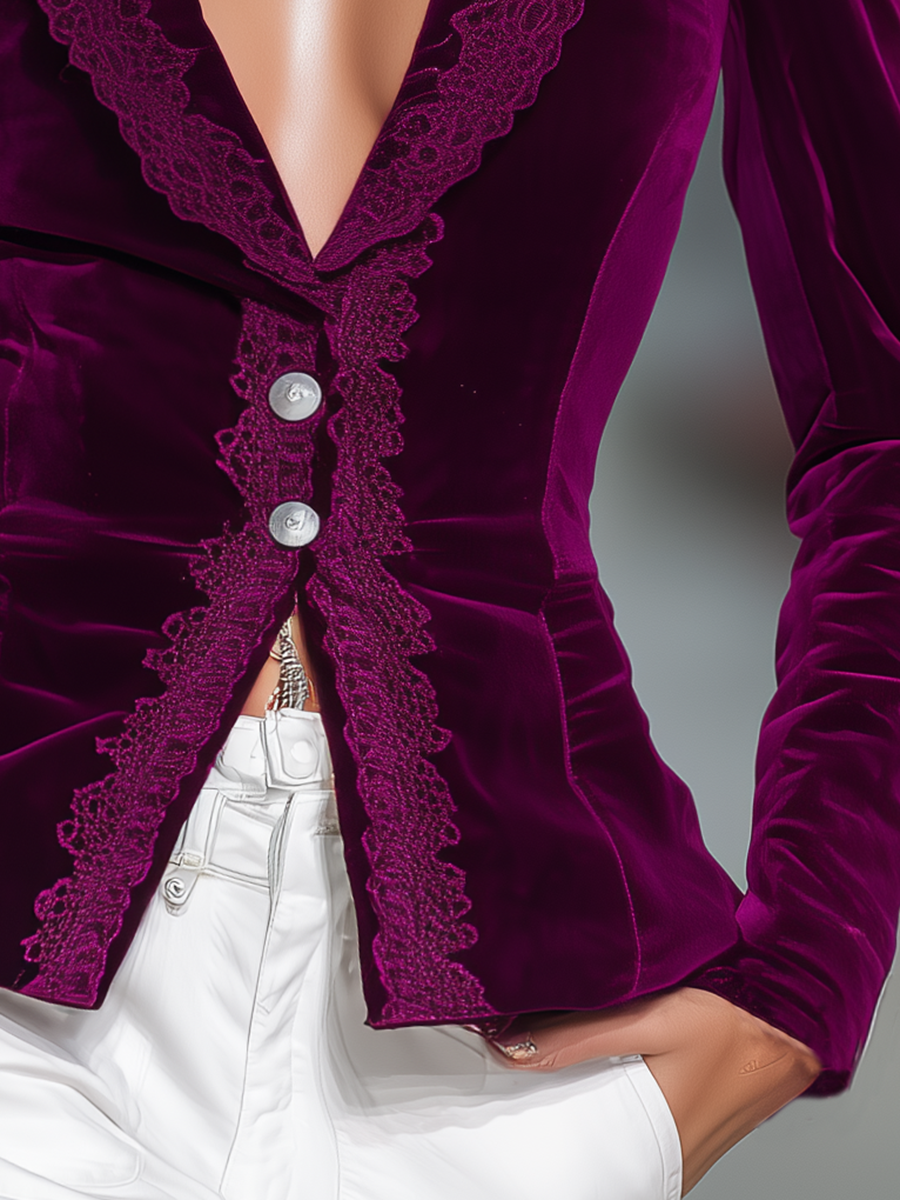 Veste Vintage en Velours Élégante avec Détails en Dentelle