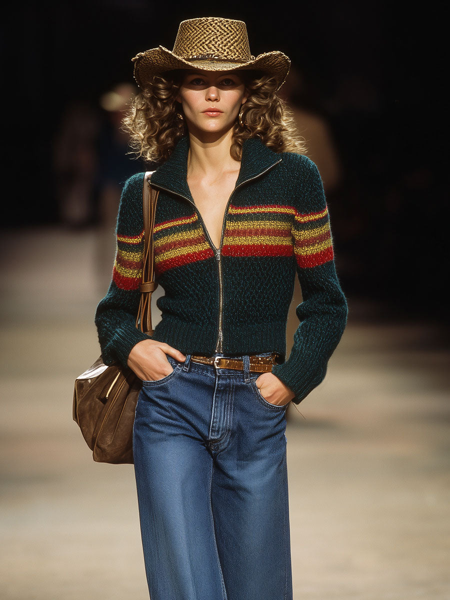 Cardigan Tricoté à Col Montant avec Fermeture Éclair Métallique et Rayures Contrastées"
Reimagined Title: "Cardigan Chic à Col Montant avec Éclair Métallique et Rayures Élégantes