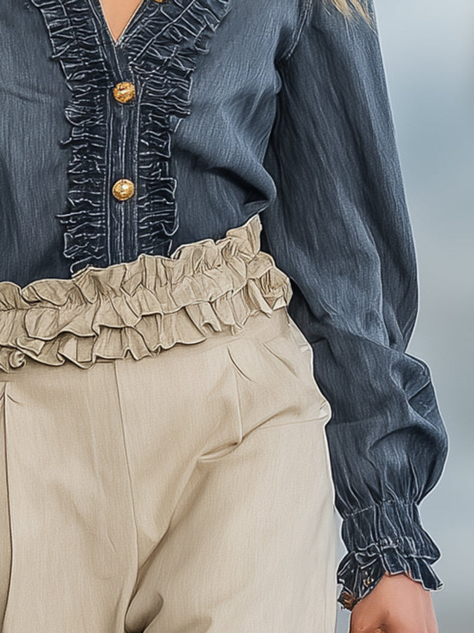 Chemise en denim bleu foncé à manches longues avec élégants volants vintage