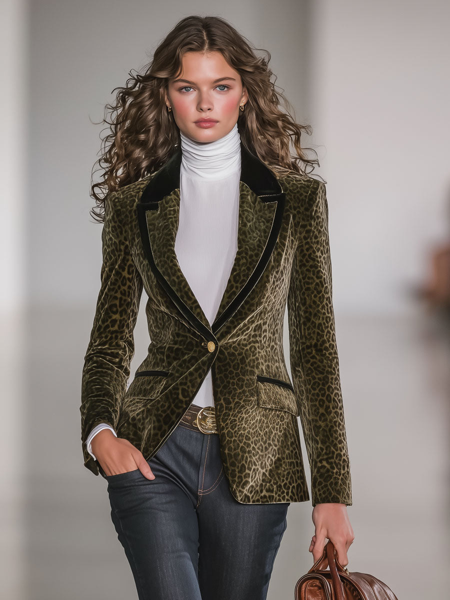 Veste en Velours Léopard Rétro avec Détails Contrastés