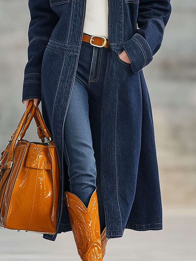 Veste en Denim Bleu Marine à Demi-Zip au Style Rétro Décontracté