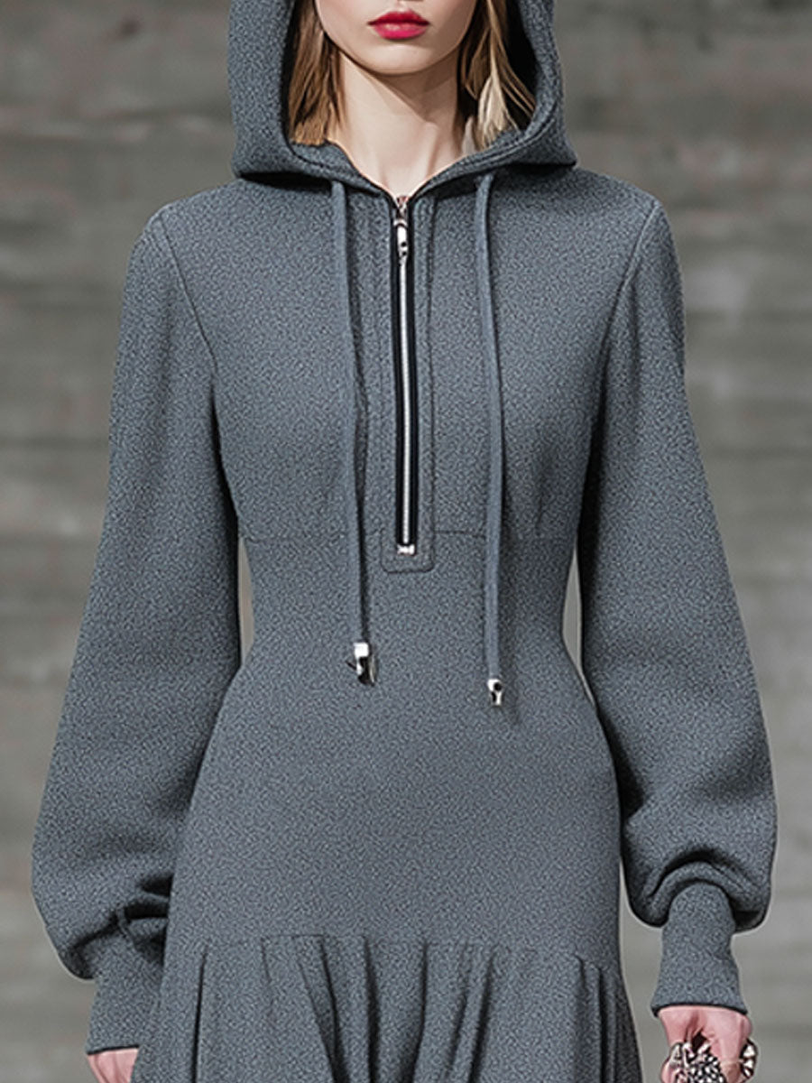 Robe Midi Grise à Capuche avec Fermeture Éclair et Détail Épingle de Sécurité