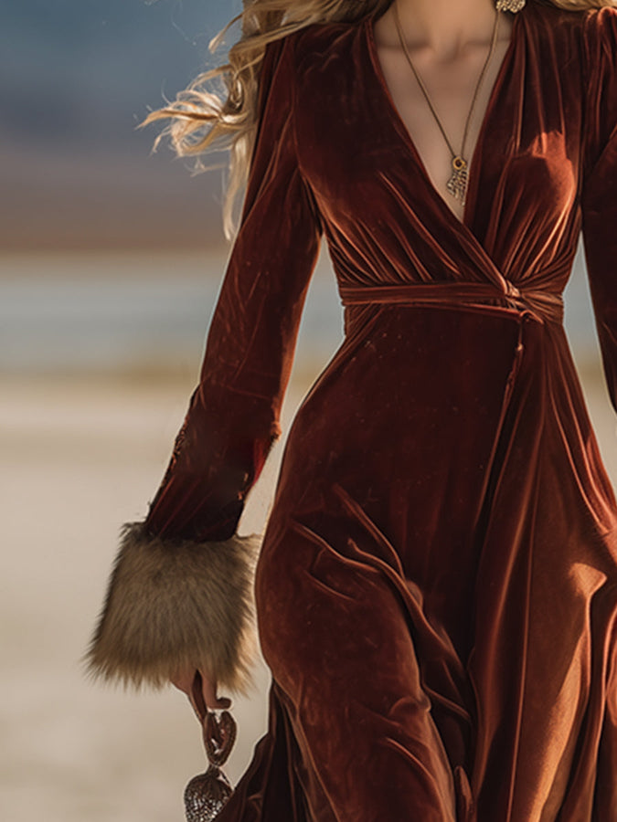 Maxi Robe Vintage Western en Velours Caramel avec Détails en Fausse Fourrure et Manches Longues