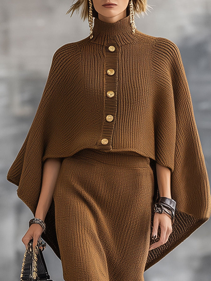 Ensemble Décontracté en Tricot Marron à Motif Rétro