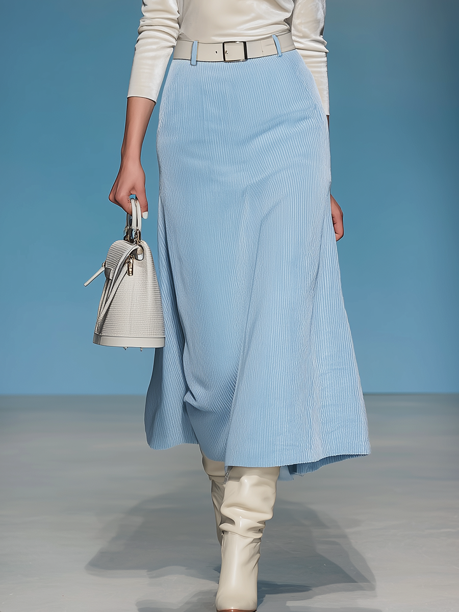 Ensemble Vintage en Velours : T-shirt à Col Rond et Jupe Côtelée