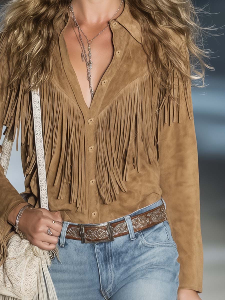 Chemise Vintage Décontractée en Suède Légère Marron Clair à Boutons Avant et Franges, Manches Longues
