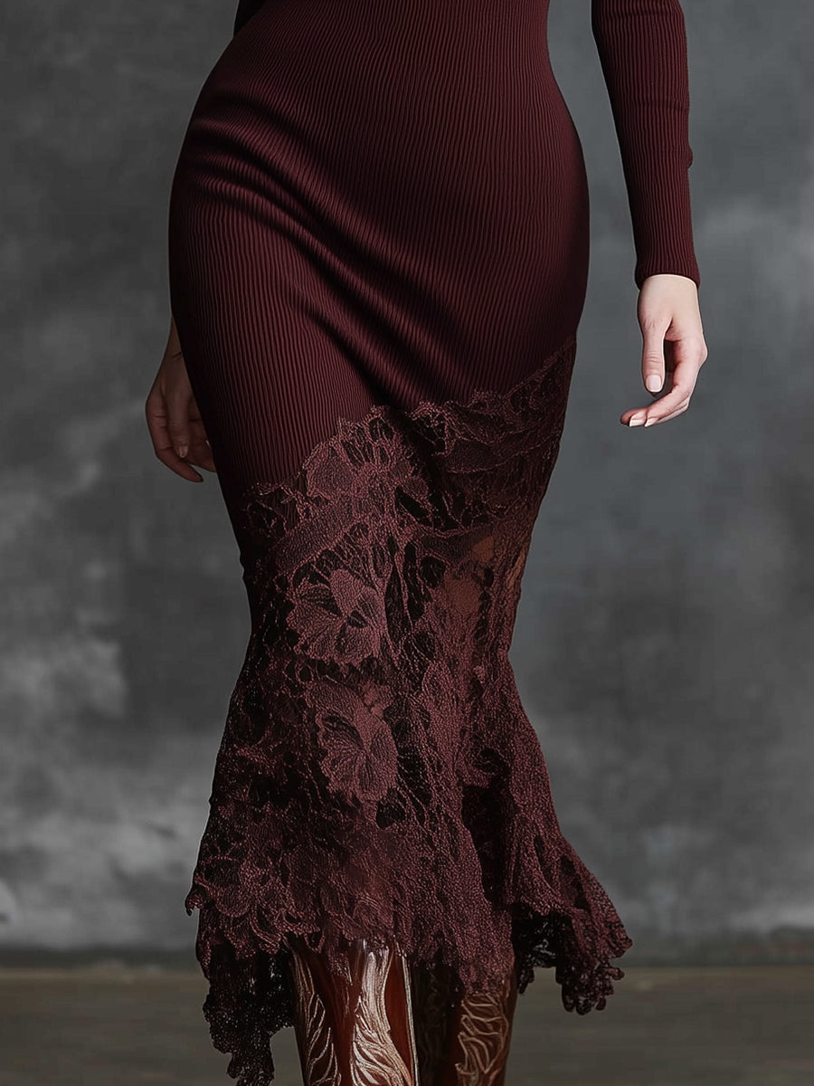 Robe Maxi Bordeaux en Tricot avec Ourlet en Dentelle : Élégance et Simplicité