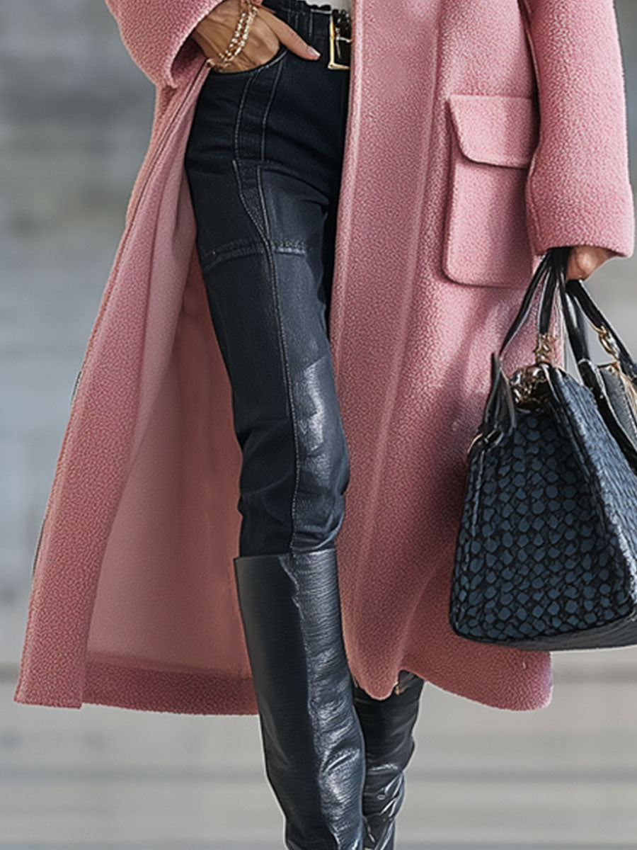 Veste Longue Zippée en Polaire Rose au Style Rétro Décontracté