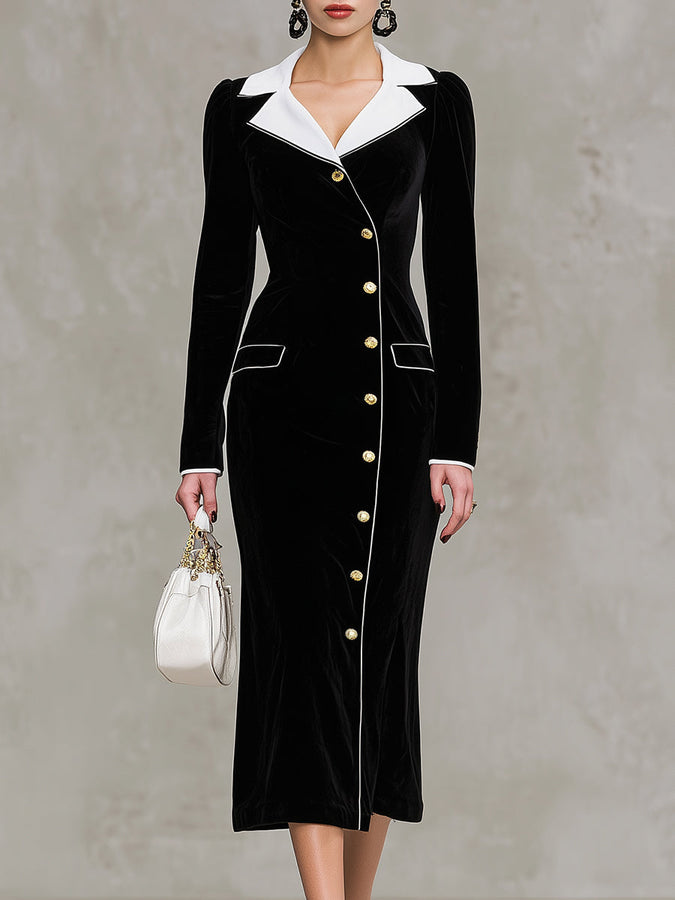 Maxi Robe en Velours Noir avec Détails en Col Blanc