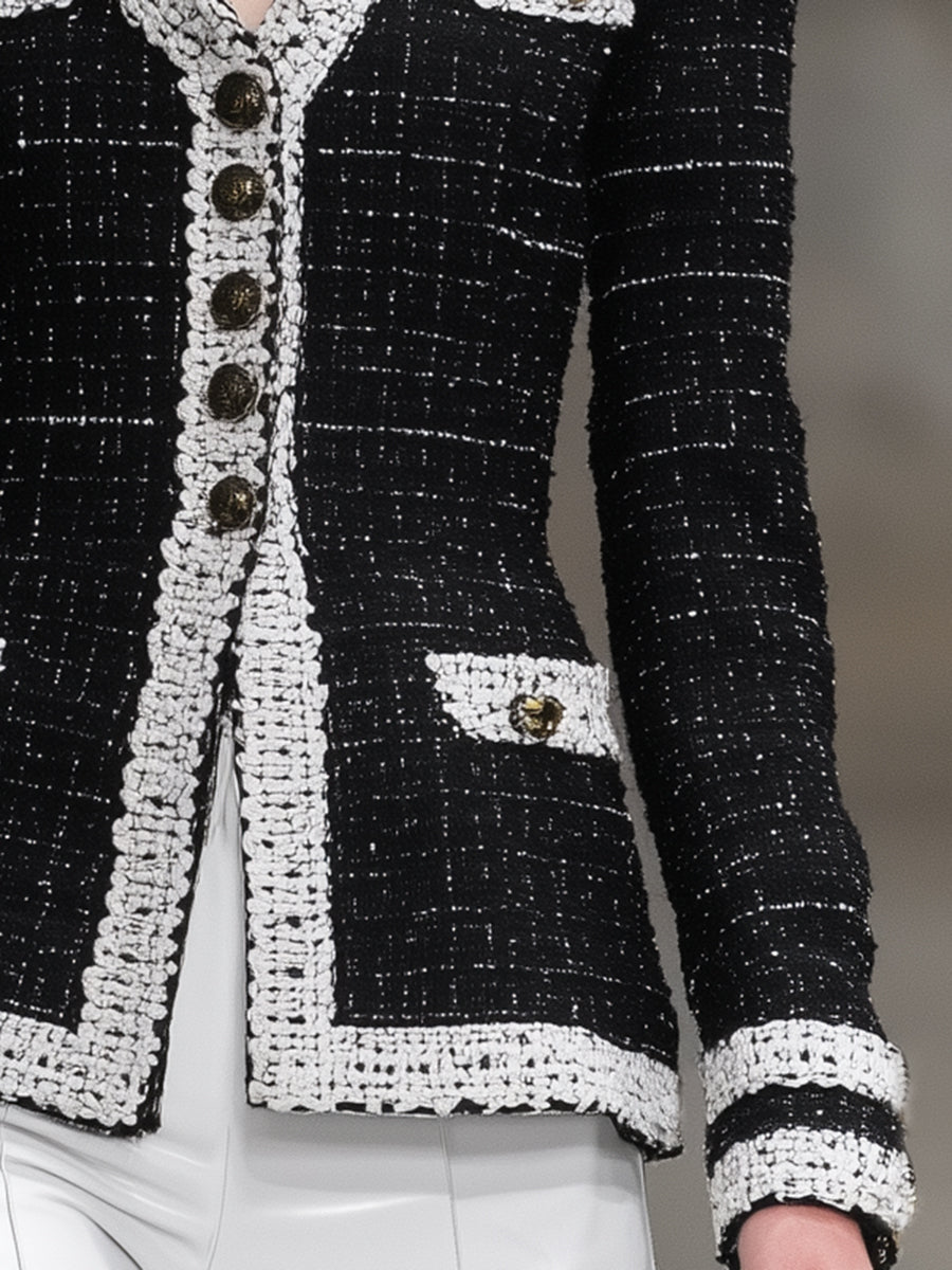 Veste Tendance en Tweed Noir avec Détails en Patchwork