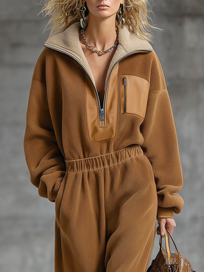 Combinaison Zippée en Polaire Double Face Camel - Style Rétro et Confort Décontracté