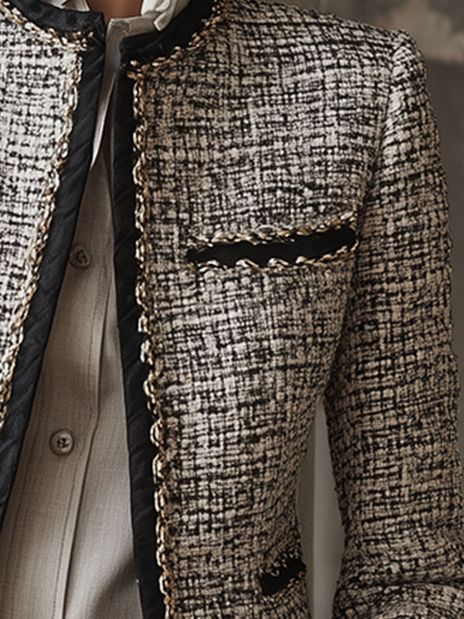 Veste Rétro en Tweed Noir et Blanc avec Détails Noirs Élégants