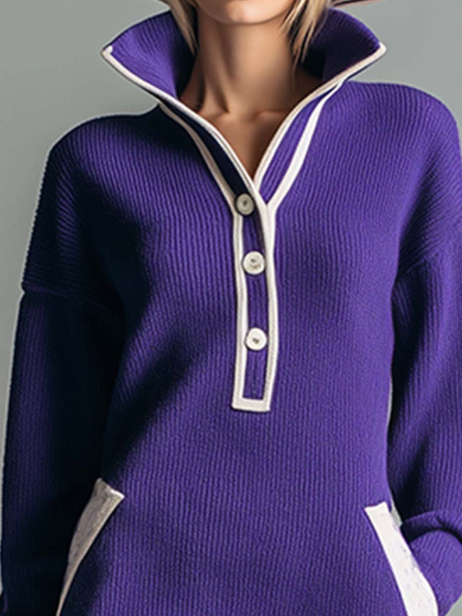 Robe Midi Tricotée Violet à Col Montant et Boutons - Élégance et Charme Assurés