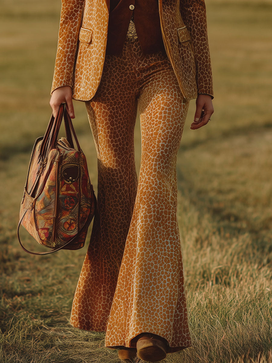 Blazer Imprimé Léopard Orange au Style Western Rétro avec Pantalons Évasés