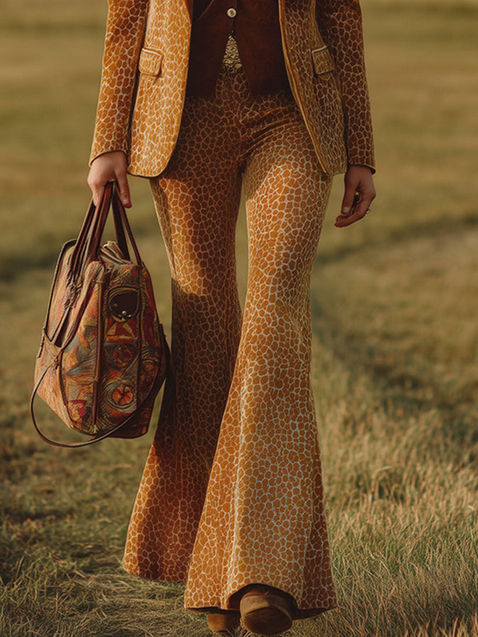 Veste en Velours Imprimé Léopard Orange au Style Western Rétro avec Pantalon Évasé