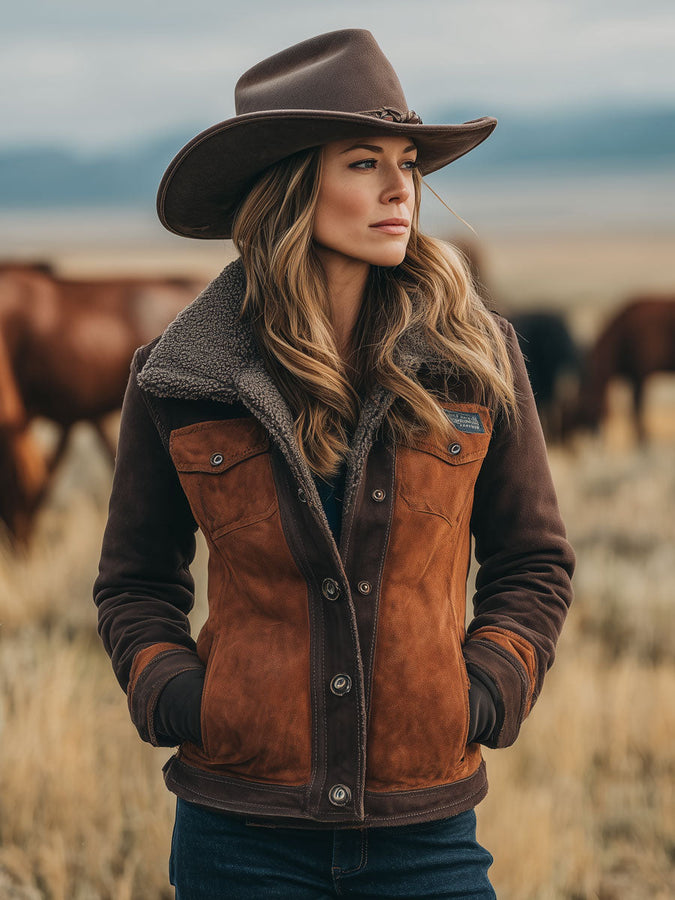 Veste en Polaire Fausse Suède Chocolat Caramel - Style Vintage Western