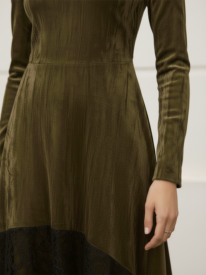 Robe Vintage en Velours Élégante avec Col Montant et Manches Longues, Finition en Dentelle
