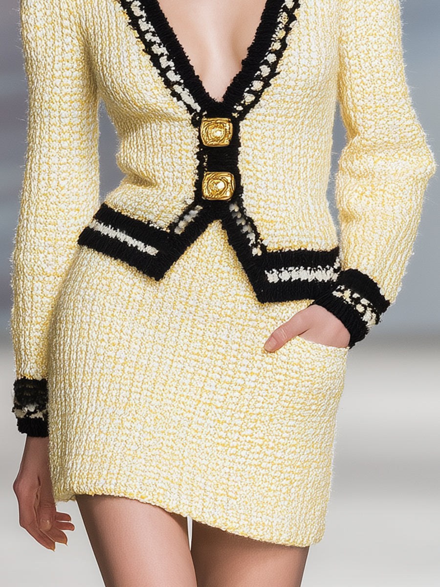 Chic Cardigan Jaune Clair à Col V avec Détails Noirs Élégants