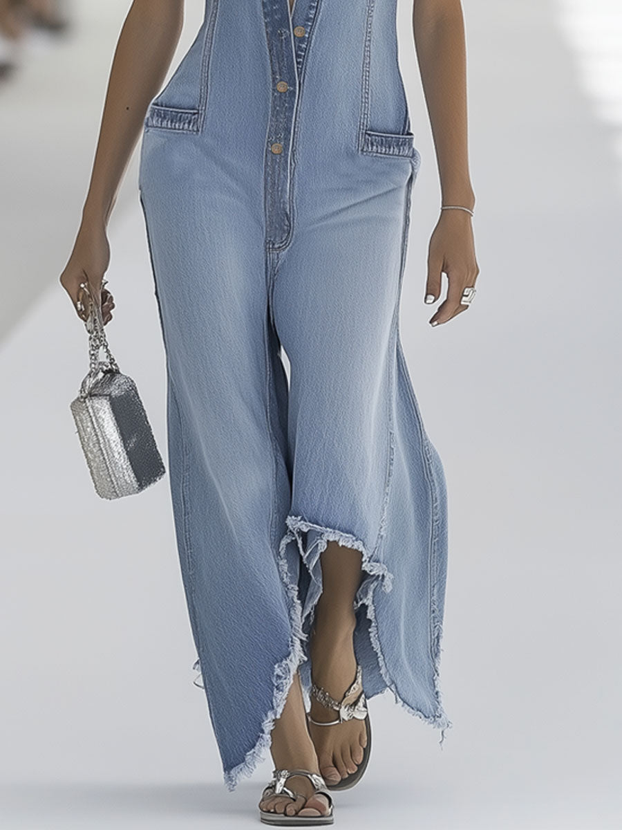 【Expédition en 24h】Combinaison sans manches en denim bleu clair au style rétro avec bords bruts et fermeture éclair - Taille Large