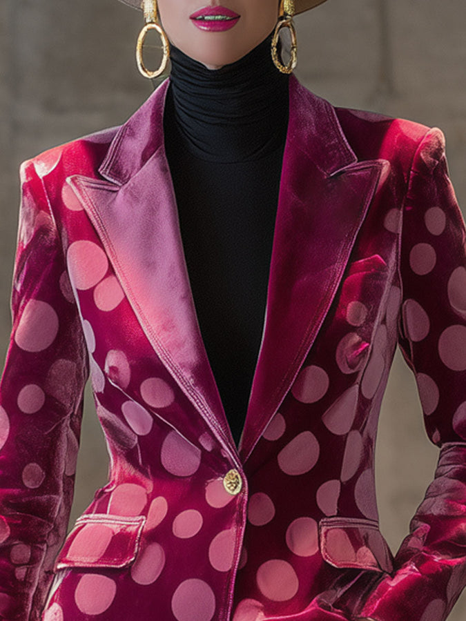 Élégant Blazer en Velours à Pois Rétro avec Bouton Unique