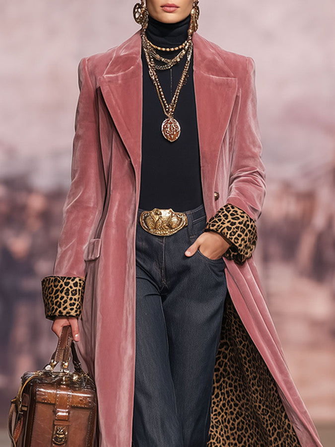 Veste en Velours à Imprimé Léopard avec Col Revers et Boutonnage Élégant