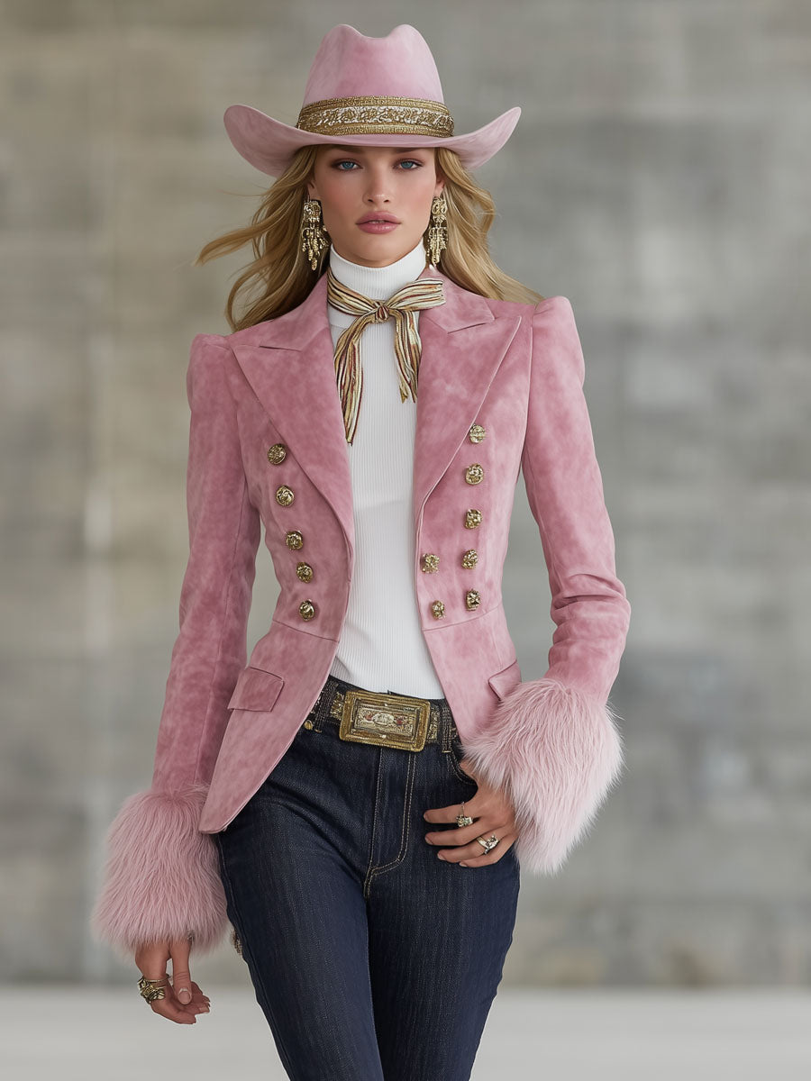 Veste en Faux Suède et Fourrure à Boutons Multiples avec Revers Élégant