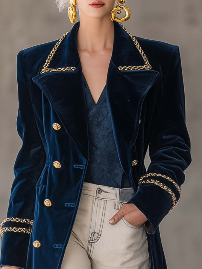 Veste en Velours Bleu Nuit avec Col Métallique et Finition Dorée - Chic Western Rétro