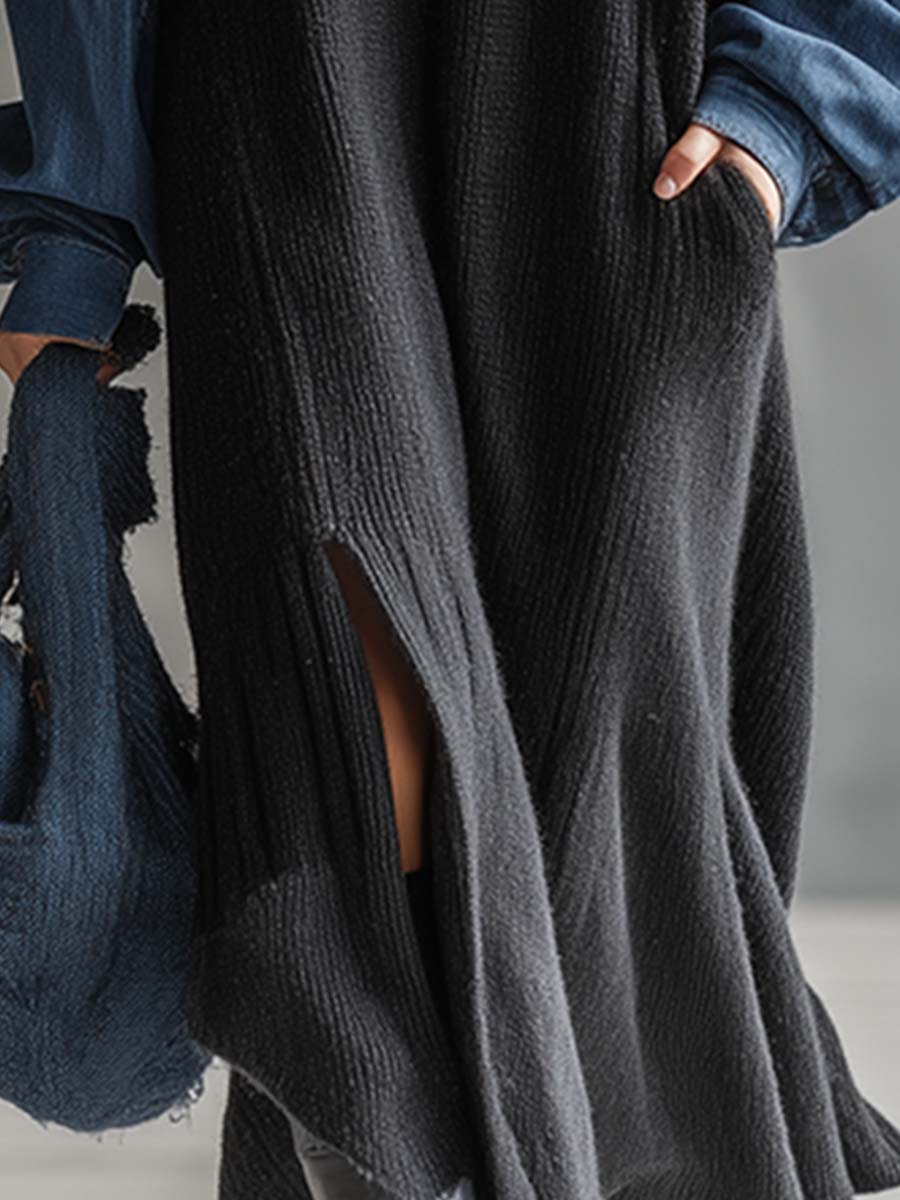 Maxi Robe Tricot Noir avec Accent Denim