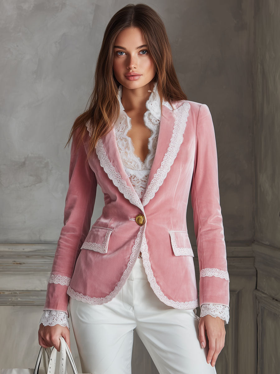 Veste Casual en Velours à Bouton Unique avec Revers