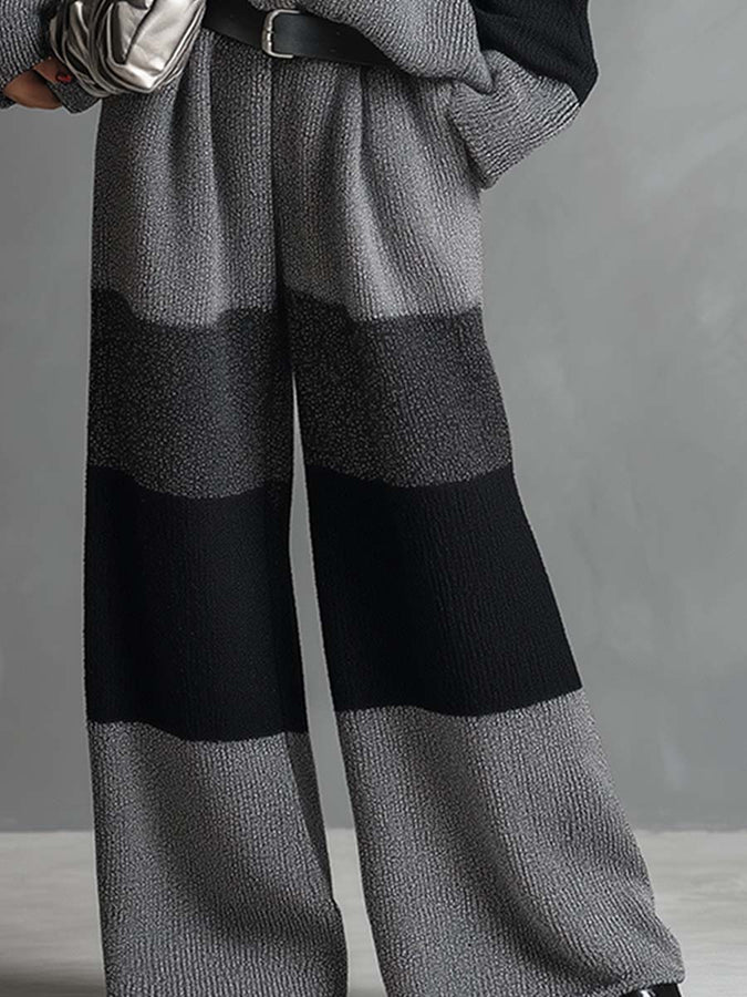Ensemble Élégant en Tricot Rayé Gris avec Pantalons à Jambes Larges - Chic et Confortable