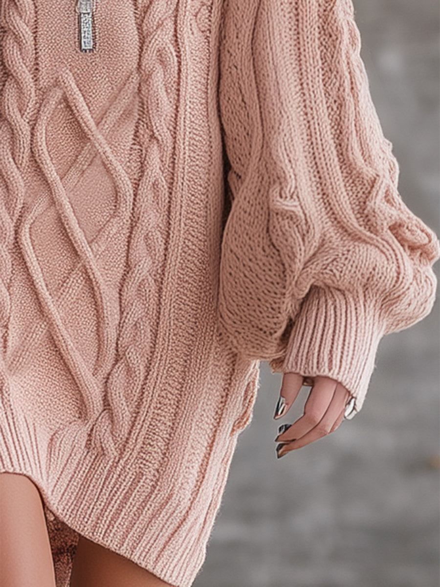 Robe Mini Zippée à Capuche en Tricot Câble Rose Poudré