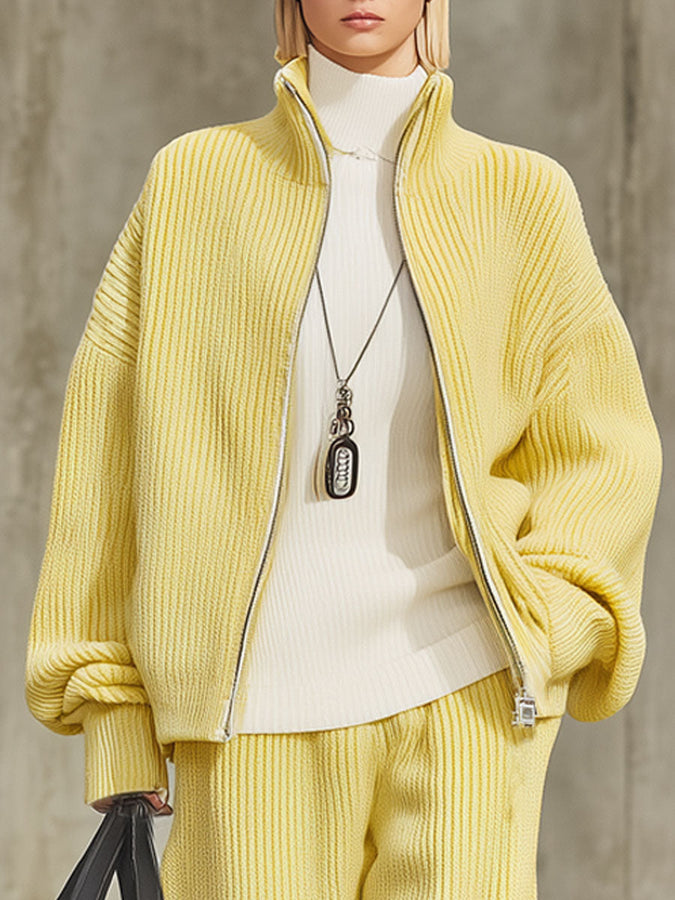 Ensemble Tricot : Cardigan Zippé à Col Montant et Pantalon Large