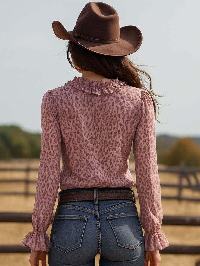 Chemise en Chiffon Léopard Rose avec Col V en Dentelle et Manches Longues Évasées