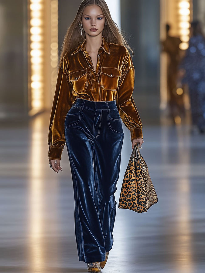 Blouse Rétro Ample en Velours Uni avec Poches - Expédition Rapide sous 24 Heures