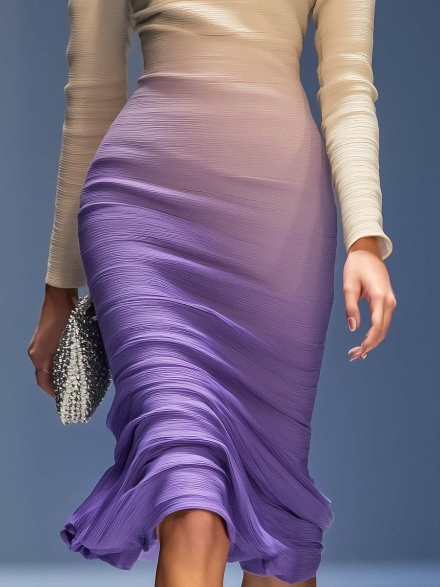 Robe Midi Élégante Beige et Violet Dégradé avec Fleurs 3D – Expédition en 24 Heures