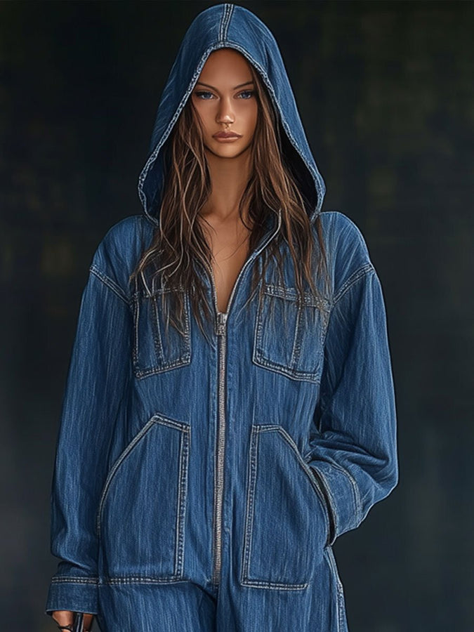 【Expédition Rapide en 24h】Combinaison en Denim à Capuche, Manches Longues, Style Décontracté avec Poches et Zip